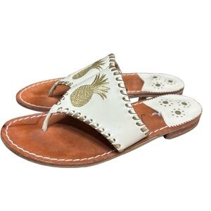 Jack Rogers White Leather Pineapple Slide Sandals with Gold Accent